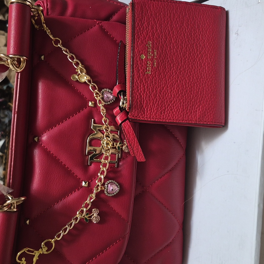 Red Quilted Handbag with Gold Chain And Kate Spade Wallet
